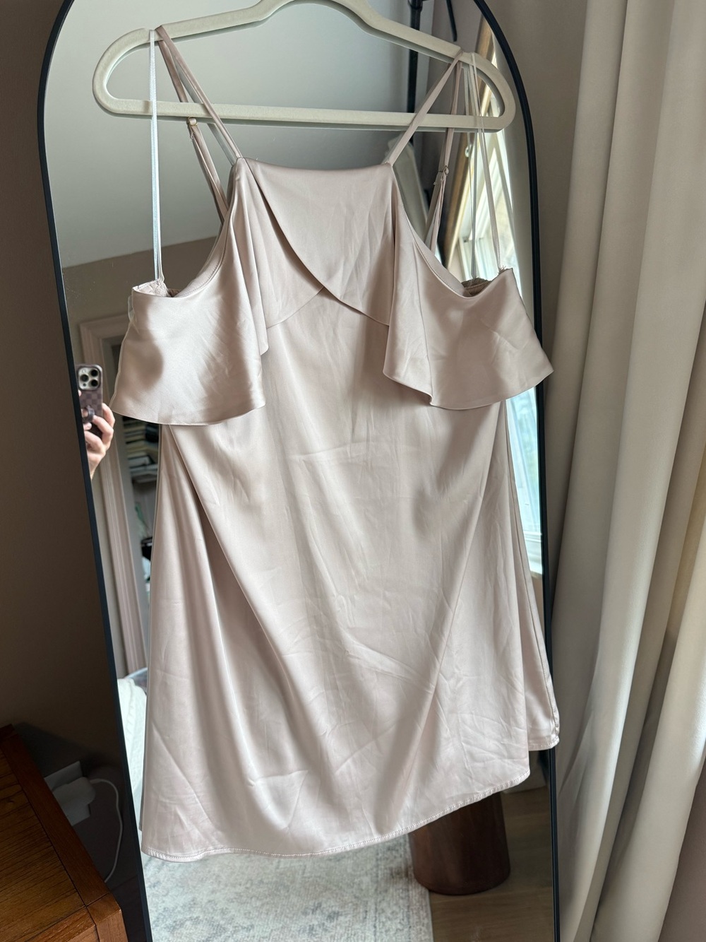Lulus Champagne Satin Ruffle Cold Shoulder Mini Dress Size L